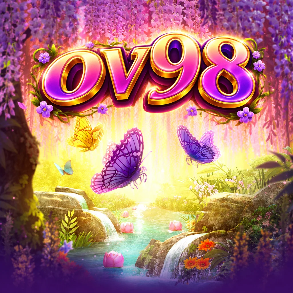 โลโก้ ov98 บนฉากสวนดอกไม้และผีเสื้อหลากสีจากเกม Butterfly Blossom