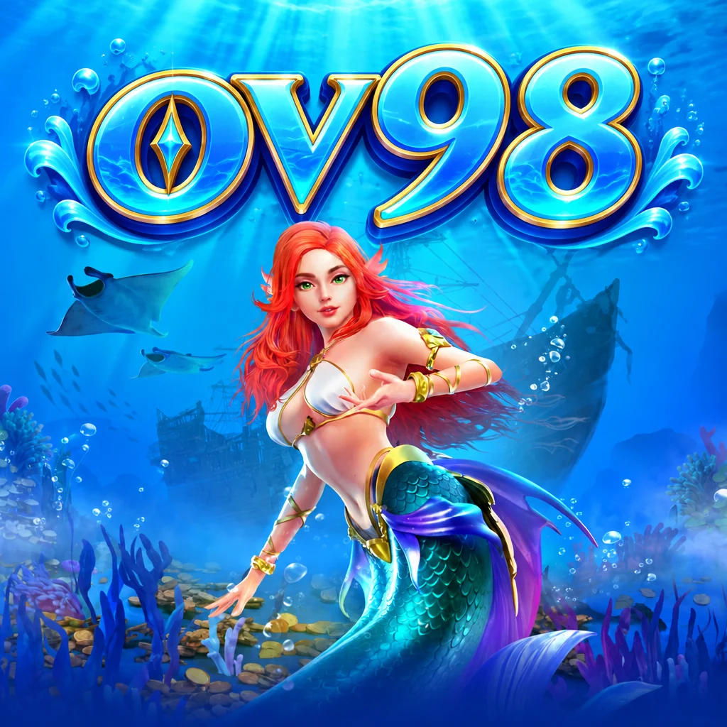 โลโก้ ov98 เหนือภาพนางเงือกผมแดงในโลกใต้ทะเลจากเกม Mermaid Riches
